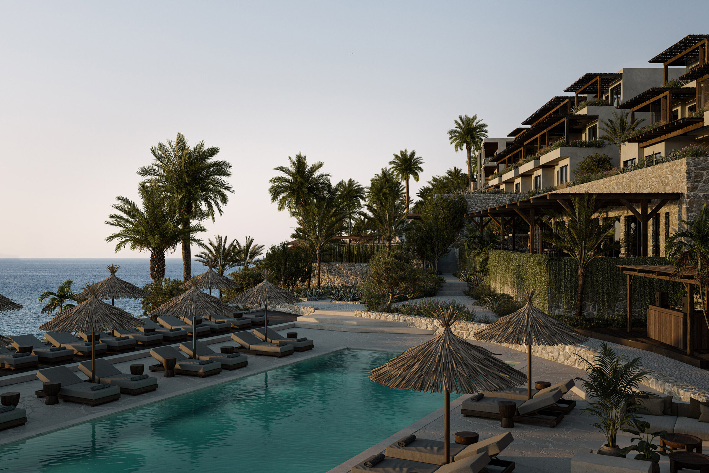 oku bodrum swimming pool sunbeds sea view luxury hotel five star turkiye